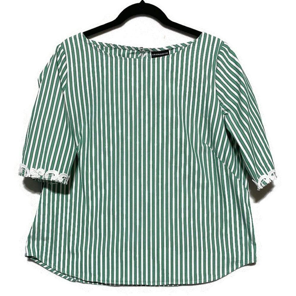 Liz Claiborne Green Striped Boatneck Blouse with Lace Trim